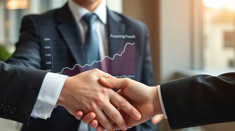 Photorealistic image of a consultant presenting a financial projection graph to a client, showing significant growth and recurring revenue lines. The atmosphere is professional and optimistic, with a handshake occurring in the foreground. Cinematic lighting, sharp focus on the graph and hands, depth of field blurring the background. 8K hyper-detailed, professional photography.