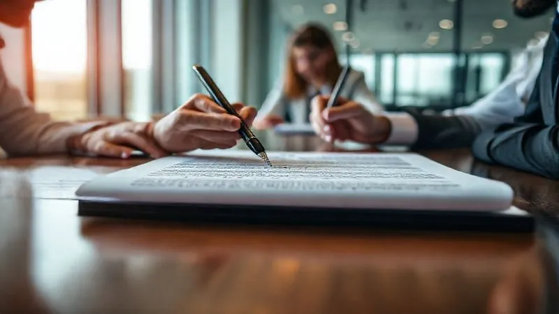 A photorealistic image of a detailed Statement of Work (SOW) document being reviewed by two professionals at a modern conference table, a pen hovering over a key clause, emphasizing precision and agreement. Cinematic lighting, sharp focus on the document, depth of field blurring the background, 8K hyper-detailed, professional photography, shot on a high-end DSLR.