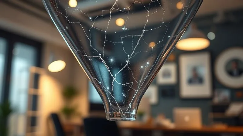 A photorealistic image of a detailed, transparent sales funnel with visible cracks and small streams of light (representing leads) escaping through them. The background is slightly blurred, showing a consultant's office. Cinematic lighting, sharp focus on the funnel, 8K hyper-detailed, shot on a high-end DSLR.