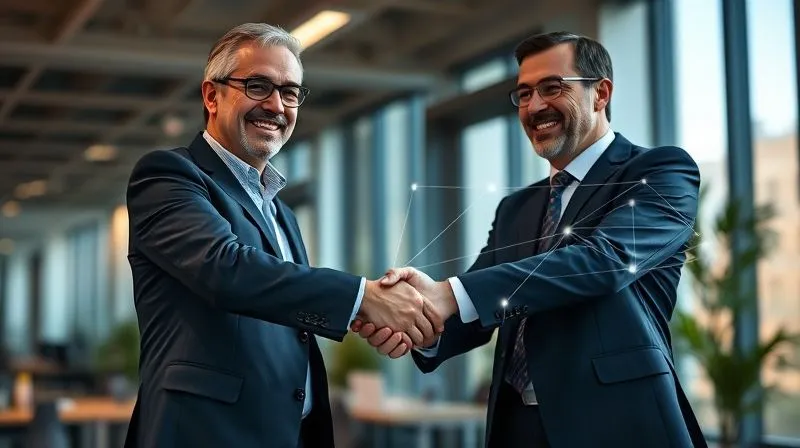 A photorealistic image of a professional consultant shaking hands with a satisfied client in a modern office, both smiling. A subtle, glowing network of connections radiates from them, symbolizing referrals and ongoing relationships. Cinematic lighting, sharp focus on the handshake, depth of field blurring the background, 8K hyper-detailed, shot on a high-end DSLR.
