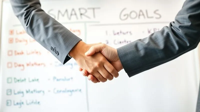 A photorealistic image of a whiteboard with clearly written SMART goals and corresponding KPIs, using different colored markers. A consultant and client are shaking hands in the foreground, with a sharp focus on the whiteboard, 8K, cinematic lighting, professional photography, depth of field.
