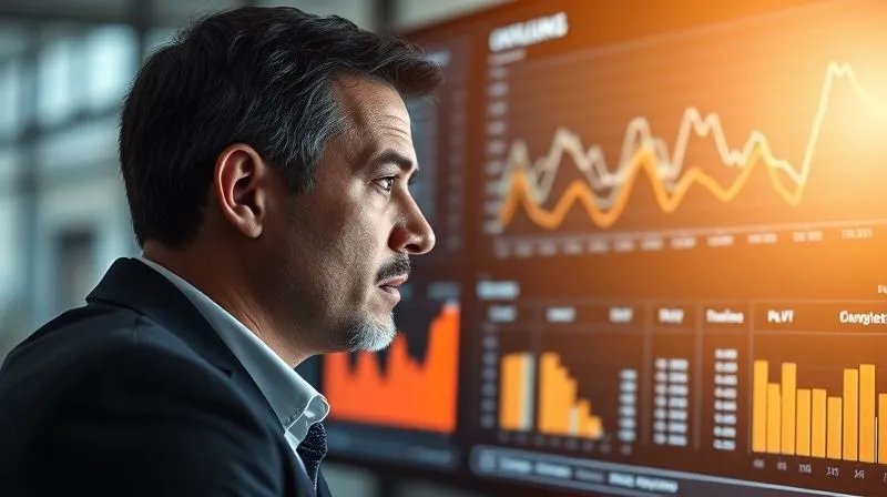 A photorealistic image of a consultant intently looking at a data dashboard on a large monitor, with a series of line graphs showing upward trends and a clear KPI tracker. The consultant's face shows concentration, cinematic lighting, 8K, professional photography, depth of field.