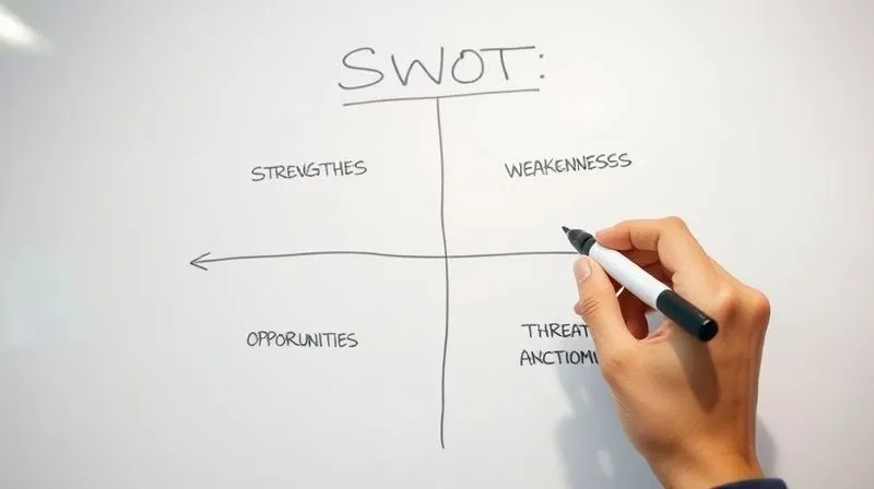 A professional, photorealistic image of a neatly hand-drawn SWOT analysis diagram on a whiteboard, with strategic notes and arrows connecting the quadrants, a consultant's hand holding a marker in the foreground, cinematic lighting, sharp focus on the diagram, depth of field, 8K hyper-detailed. The diagram should be clean and readable, without any specific text beyond 'Strengths', 'Weaknesses', 'Opportunities', 'Threats'.