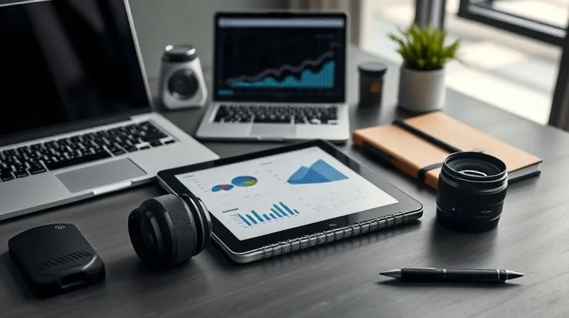 A photorealistic image of a diverse set of professional tools and gadgets laid out neatly on a modern desk, symbolizing diversification and expansion of skills. Includes a laptop, a tablet showing a data dashboard, a strategy notebook, a specialized camera lens, and a smart pen. Cinematic lighting, sharp focus, depth of field, 8K hyper-detailed.