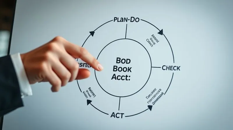 A photorealistic, professional photography, 8K, cinematic lighting, sharp focus, depth of field, shot on a high-end DSLR of a circular diagram representing a continuous improvement cycle (Plan-Do-Check-Act) with strategic planning elements. The diagram should be clean, modern, and visually appealing, with subtle arrows indicating flow. A consultant's hand points to a section of the diagram, symbolizing active engagement.