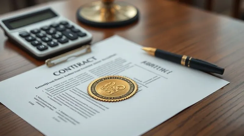 A photorealistic image of a professional contract document with a golden seal, placed on a polished wooden desk next to a calculator and a pen, emphasizing financial agreement and security, cinematic lighting, sharp focus, depth of field. 8K hyper-detailed, professional photography, shot on a high-end DSLR.