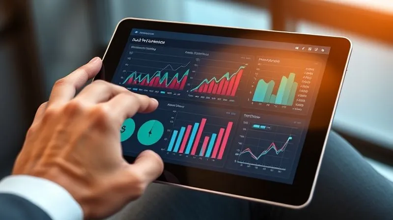 A photorealistic image of a modern financial dashboard on a sleek tablet screen, displaying real-time cash flow graphs and projections, with a consultant's hands interacting with it. Cinematic lighting, sharp focus on the screen, depth of field. 8K hyper-detailed, professional photography, shot on a high-end DSLR.
