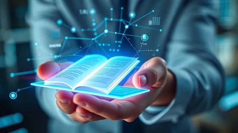 A photorealistic image of a consultant's hand holding a glowing holographic blueprint of a digital product (e-book, online course module, template), with complex data flowing around it, symbolizing the transformation of expertise into scalable assets. Cinematic lighting, sharp focus, depth of field. 8K, professional photography.