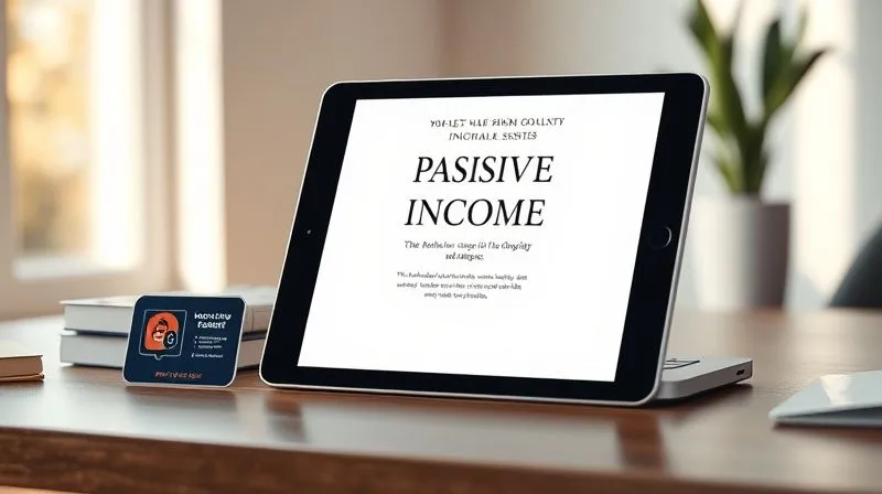 A photorealistic image of a sleek, modern tablet displaying a high-quality e-book cover, surrounded by other digital assets like a webinar icon and a small online course module. The scene is set on a minimalist desk with natural light, symbolizing passive income generation. Cinematic lighting, sharp focus, depth of field. 8K, professional photography.