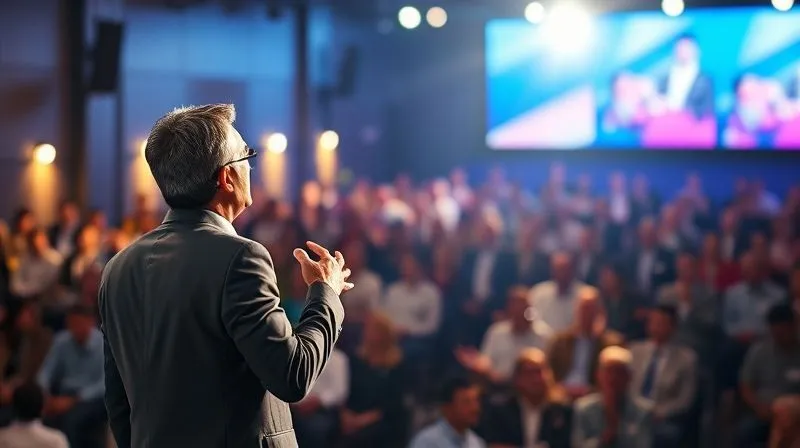 A photorealistic image of a consultant delivering a captivating keynote speech on a brightly lit stage, with a large, engaged audience in the blurred background. The consultant exudes confidence and expertise, with a spotlight highlighting their presence. Cinematic lighting, sharp focus on the speaker, depth of field. 8K, professional photography.