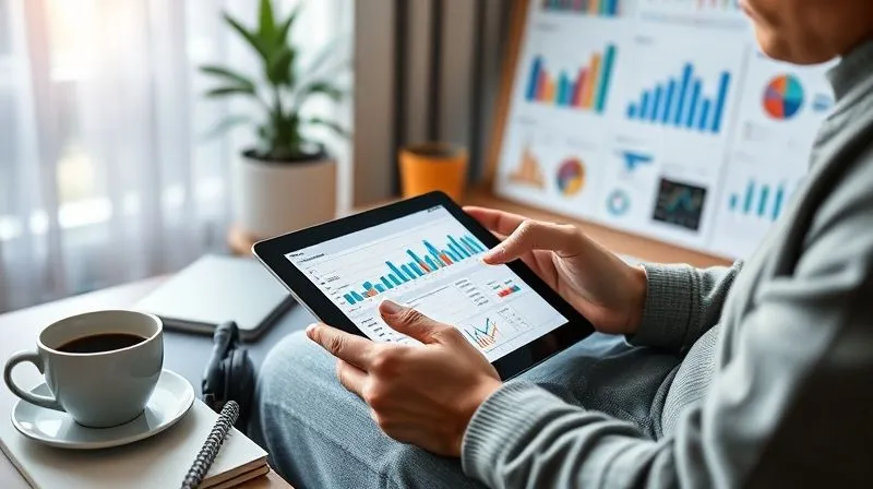 A photorealistic image of a person meticulously analyzing competitive pricing on a tablet, surrounded by data visualizations and market research charts. The scene is set in a modern, well-lit home office, with a cup of coffee and a notebook nearby. Cinematic lighting, sharp focus, depth of field. 8K hyper-detailed, professional photography, shot on a high-end DSLR.