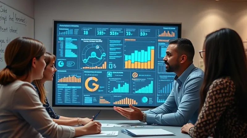 A photorealistic image of a consultant and client team collaboratively analyzing a complex data dashboard projected on a screen, surrounded by whiteboards with ideas, cinematic lighting, sharp focus on the data, 8K hyper-detailed.