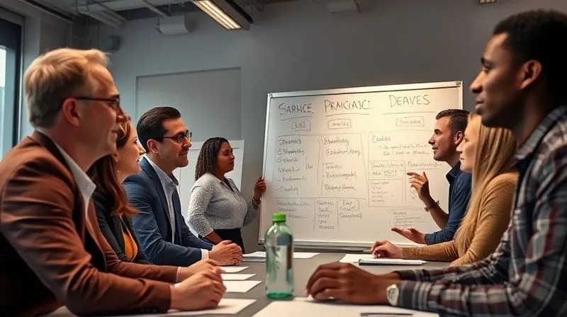 A photorealistic image of a diverse business team actively participating in a workshop, collaborating with a consultant, whiteboards filled with strategic ideas, engaged expressions, cinematic lighting, 8K hyper-detailed.