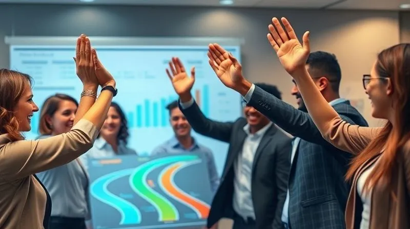 A photorealistic image of a diverse business team celebrating a milestone, high-fives and smiles, with a strategic roadmap visible in the background, conveying success and progress, cinematic lighting, 8K hyper-detailed.