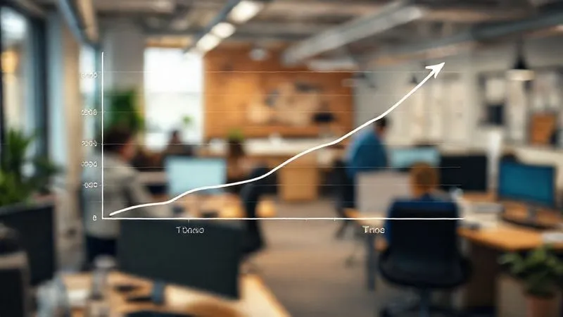 A photorealistic image of a line graph showing a sharp upward trend, overlaid on a blurred background of a bustling startup office. The graph is clean and professional, with clear labels for 'Retention Rate' and 'Time'. Cinematic lighting, sharp focus on the graph, depth of field blurring the office, 8K hyper-detailed, professional photography, shot on a high-end DSLR.