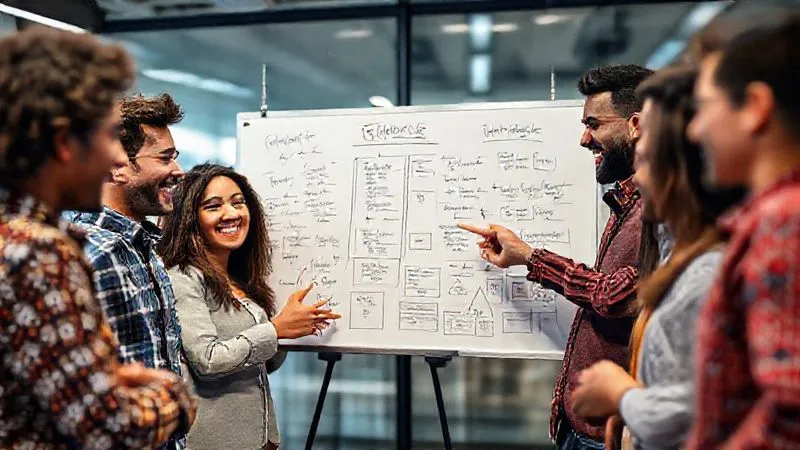 A photorealistic image of a diverse project team engaged in an energetic brainstorming session around a whiteboard filled with ideas and action points. They are smiling, collaborating, and pointing to different concepts, demonstrating high engagement and motivation. Cinematic lighting, sharp focus on the team, depth of field blurring the modern office background. 8K hyper-detailed, professional photography.