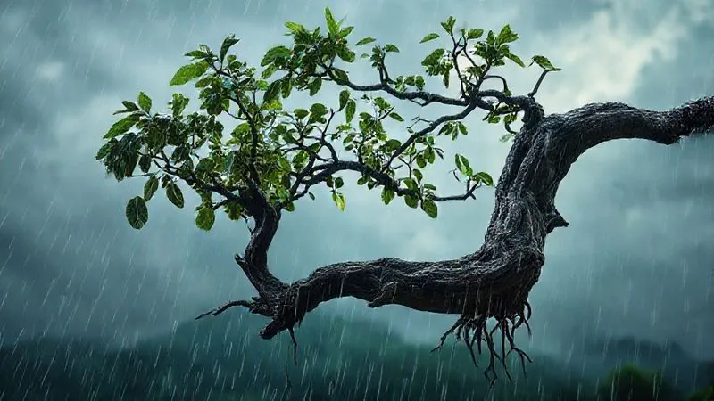 A photorealistic image of a strong, gnarled tree branch weathering a powerful storm, its leaves swaying but its roots holding firm. The branch is illuminated by dramatic, cinematic lighting, with rain streaks in the foreground and a blurred, turbulent sky in the background. This symbolizes resilience and endurance in the face of adversity. 8K hyper-detailed, professional photography, depth of field.