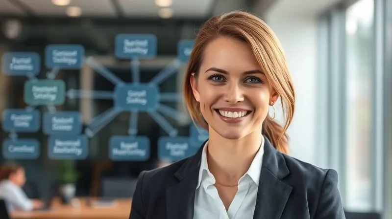 A photorealistic, professional photography of a confident female consultant in a modern office, looking directly at the camera with a warm, authoritative smile. Behind her, a blurred background of a digital display showing a complex, well-organized thought map connecting different business strategies. Cinematic lighting, sharp focus on the consultant, depth of field. 8K hyper-detailed.