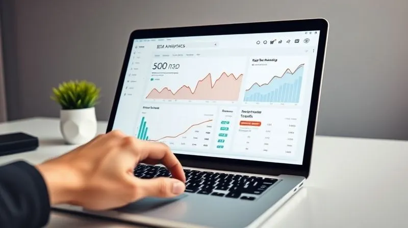 A photorealistic image of a sleek, minimalist desk setup with a laptop displaying a complex SEO analytics dashboard, showing high-ranking keywords and organic traffic growth. A hand is poised over the keyboard, ready to type. Cinematic lighting, sharp focus on the screen, depth of field blurring the background. 8K hyper-detailed.