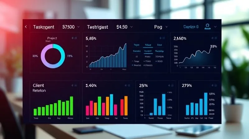 A photorealistic image of a digital dashboard displaying various business metrics like customer satisfaction scores, project completion rates, and client retention percentages, all showing positive trends. The interface is clean and modern. Cinematic lighting, sharp focus on the data, depth of field blurring a subtle background of a well-organized workspace. 8K hyper-detailed.