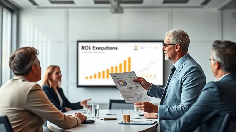 A photorealistic image of a consultant confidently presenting a compelling ROI report to a group of executives in a modern boardroom. The executives are engaged, some nodding in agreement, with a large screen behind the consultant showing a clear ROI chart. Professional photography, 8K, cinematic lighting, sharp focus on the interaction, depth of field blurring the background.