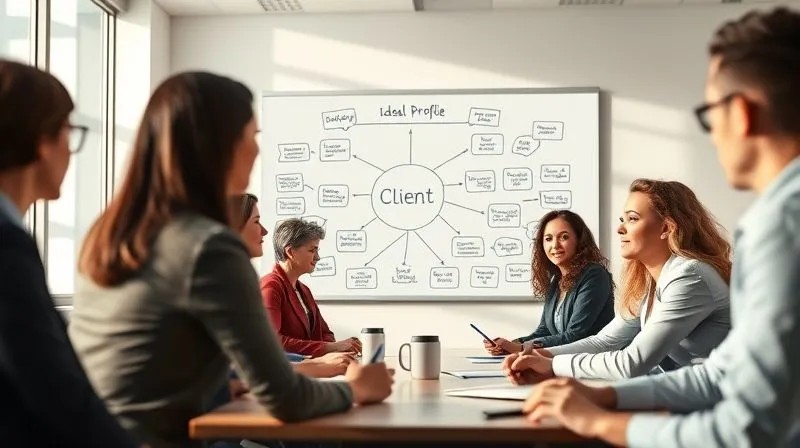 A photorealistic image of a diverse group of business professionals in a modern, sunlit conference room, actively engaged in a brainstorming session, with a whiteboard behind them covered in interconnected ideas and a clear "Ideal Client Profile" diagram. Cinematic lighting, sharp focus, depth of field, 8K, professional photography, shot on a high-end DSLR.