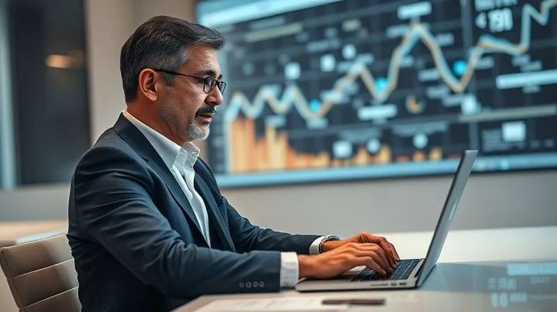 A photorealistic image of a professional consultant (male, 50s, distinguished look) sitting at a desk, typing on a laptop, with a complex data visualization projected subtly in the background. The scene emphasizes deep thought and expertise. Cinematic lighting, sharp focus on the consultant's face and hands, depth of field, 8K, professional photography, shot on a high-end DSLR.