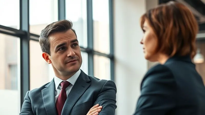 A photorealistic image of a male consultant (30s, sharp suit) actively listening to a female client (40s, business attire) in a modern, sunlit office. The consultant has a thoughtful, empathetic expression, and the client is speaking with an earnest, slightly concerned look. Cinematic lighting, sharp focus on their interaction, depth of field, 8K, professional photography, shot on a high-end DSLR.
