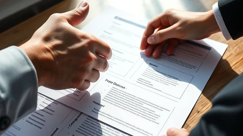 A photorealistic close-up of two hands, one of a freelancer and one of a client, shaking hands over a detailed project plan document. The document highlights sections on 'Scope Definition' and 'Change Management'. Professional photography, bright natural light, sharp focus, depth of field, 8K hyper-detailed, shot on a high-end DSLR.