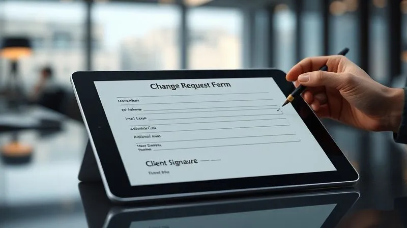 A photorealistic image of a digital tablet displaying a 'Change Request Form' with fields for 'Description of Change', 'Impact on Scope', 'Additional Cost', and 'New Deadline'. A stylus hovers over the 'Client Signature' field. The background is a blurred office environment, professional photography, cinematic lighting, sharp focus on the tablet, depth of field, 8K hyper-detailed, shot on a high-end DSLR.