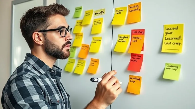 A photorealistic image of a freelancer looking thoughtfully at a whiteboard filled with sticky notes, some green (successes), some yellow (lessons learned), and some red (challenges/scope creep). The freelancer holds a marker, ready to write. Professional photography, bright natural light, sharp focus, depth of field, 8K hyper-detailed, shot on a high-end DSLR.