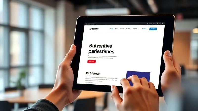 A photorealistic close-up of a designer's hands holding a tablet displaying a beautifully rendered website mockup. The website features a carefully chosen sans-serif typeface for headlines and a readable serif font for body text. The screen is vibrant and sharp, reflecting cinematic light. The background is a subtly blurred modern office environment. 8K hyper-detailed, professional photography, shot on a high-end DSLR.