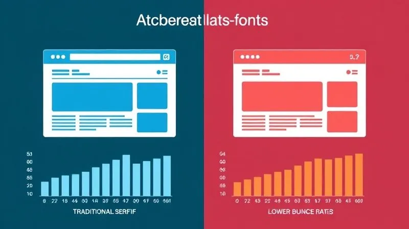 A photorealistic infographic showing two website interfaces side-by-side. One uses a traditional serif font, the other a modern sans-serif. Below each, a bar chart illustrates A/B test results: higher conversion rates and lower bounce rates for the sans-serif option. The data is clear and compelling, with a professional, clean aesthetic. Cinematic lighting highlights the data points. 8K hyper-detailed, professional photography, shot on a high-end DSLR.