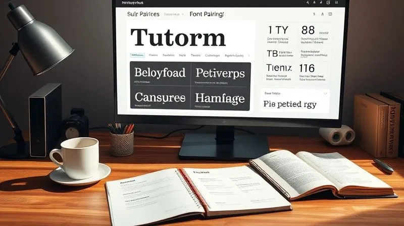 A photorealistic image of a designer's desk, neatly organized, with a high-resolution monitor displaying a font pairing tool. The screen shows various typefaces harmoniously combined, with detailed information about their characteristics. A cup of coffee, a sketchbook, and a classic typography book are visible on the wooden desk, all bathed in soft, natural light. 8K hyper-detailed, professional photography, shot on a high-end DSLR.