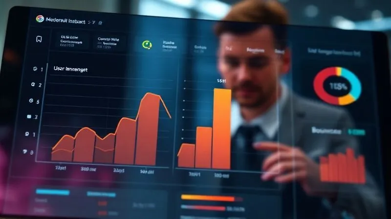 A photorealistic, professional photography of a modern, sleek dashboard displaying key performance indicators (KPIs) related to UI design impact. Graphs show a clear upward trend in 'Conversion Rate' and 'User Engagement', with a downward trend in 'Bounce Rate'. The dashboard has crisp typography and intuitive data visualization. Cinematic lighting, sharp focus on the data, depth of field blurring a thoughtful professional in the background. 8K hyper-detailed, shot on a high-end DSLR.