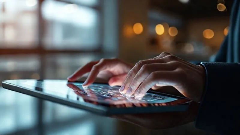 A photorealistic, professional photography image of a user interacting with a sleek, modern tablet showing an intuitive mobile app interface, with a subtle glow around the areas of interaction, illustrating seamless user experience. 8K, cinematic lighting, sharp focus, depth of field, shot on a high-end DSLR.
