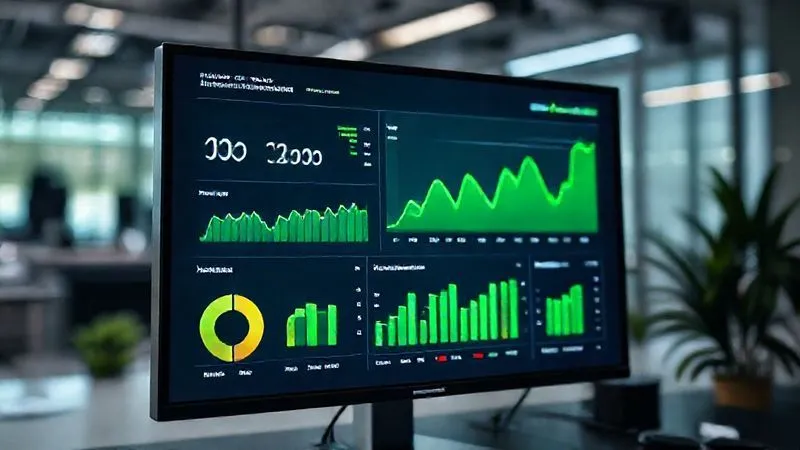 A photorealistic, professional photography image of a data dashboard displaying various UX metrics like conversion rates, user satisfaction scores, and bounce rates, with clear green upward trends. The screen is vibrant and modern, set in a professional context. 8K, cinematic lighting, sharp focus, depth of field, shot on a high-end DSLR.