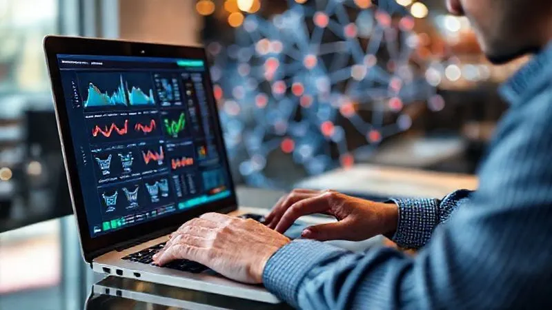 A photorealistic image of a digital marketer meticulously configuring a complex retargeting campaign on a laptop, with multiple screens displaying data analytics and customer segments. The background shows a blurry but vibrant network of interconnected customer journeys and shopping carts, cinematic lighting, sharp focus on the marketer's hands and screen, depth of field, 8K, professional photography, shot on a high-end DSLR, conveying precision and strategic thinking.
