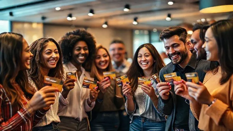A photorealistic image of a diverse group of happy customers interacting in a modern, vibrant loyalty program lounge, holding branded rewards cards. There are subtle digital overlays showing points and exclusive offers. Cinematic lighting, sharp focus on the joyful expressions, depth of field blurring the background, 8K, professional photography, shot on a high-end DSLR, conveying community and exclusive benefits.