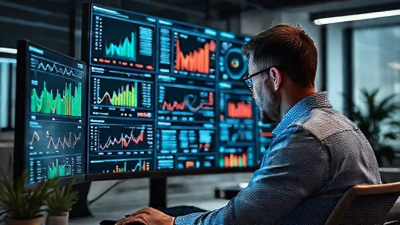 A photorealistic image of a data analyst intently examining a complex dashboard filled with various charts, graphs, and KPIs on multiple screens in a modern, minimalist office. The data is clearly showing trends and insights for e-commerce. Cinematic lighting, sharp focus on the data visualization, depth of field blurring the background, 8K, professional photography, shot on a high-end DSLR, conveying precision and strategic analysis.