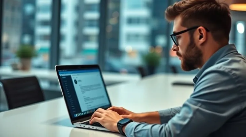 A photorealistic image of a professional freelancer sitting at a modern desk, focused on a laptop screen displaying a personalized email. The background shows a soft-focused urban office environment, emphasizing connection and communication. Professional photography, 8K, cinematic lighting, sharp focus on the screen and the person's thoughtful expression, depth of field blurring the background, shot on a high-end DSLR.