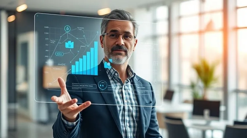 A photorealistic image of a thought leader, a confident professional in a modern, bright office setting, presenting data on a holographic screen. The screen displays interconnected concepts and growth charts, symbolizing knowledge sharing and strategic thinking. Professional photography, 8K, cinematic lighting, sharp focus on the presenter and the holographic display, depth of field blurring the background, shot on a high-end DSLR.