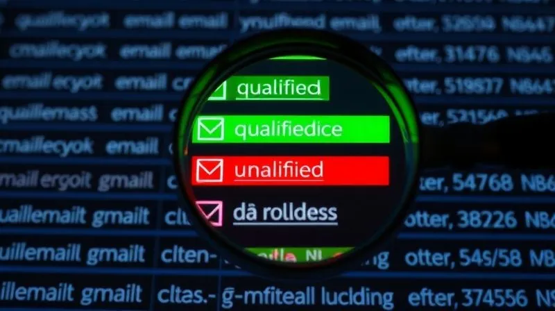 A photorealistic image of a magnifying glass hovering over a list of diversified email addresses, with some glowing green (qualified) and others faint red (unqualified), representing the process of lead qualification. Professional photography, 8K, cinematic lighting, sharp focus, depth of field, shot on a high-end DSLR.