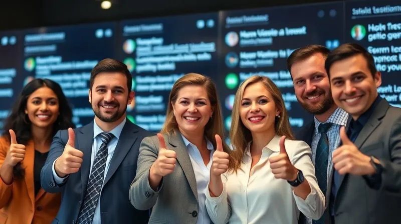 A photorealistic image of a diverse group of business professionals smiling and giving a thumbs-up, with blurred testimonials scrolling in the background on digital screens. Emphasizes trust and positive client feedback. Professional photography, 8K, cinematic lighting, sharp focus, depth of field, shot on a high-end DSLR.
