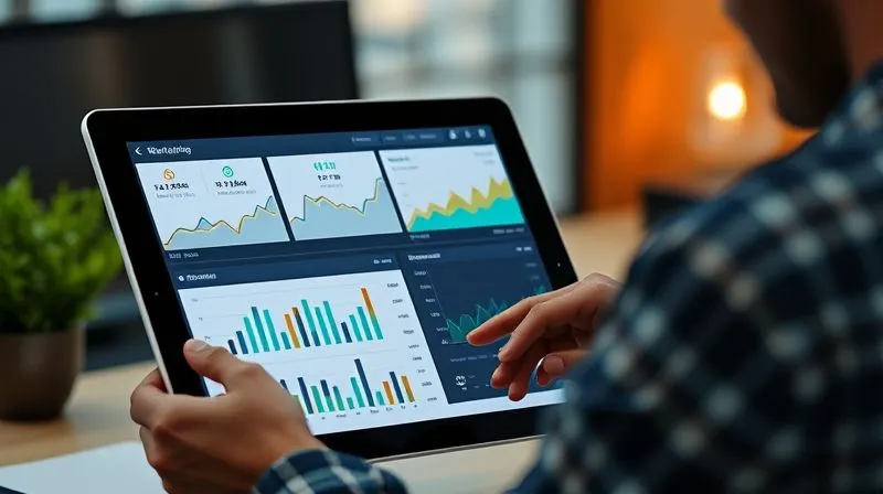A photorealistic image of a freelancer analyzing a dashboard with various email marketing metrics (open rates, CTR, conversion rates) displayed on a tablet, with graphs and charts showing upward trends. Cinematic lighting, sharp focus on the tablet, depth of field blurring the background, 8K hyper-detailed, shot on a high-end DSLR.
