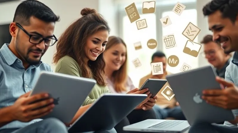 A photorealistic image of a diverse group of freelancers actively engaging with online content on laptops and tablets, looking curious and engaged, surrounded by floating icons representing e-books, webinars, and checklists. Cinematic lighting, sharp focus on their faces, depth of field, 8K hyper-detailed, professional photography.
