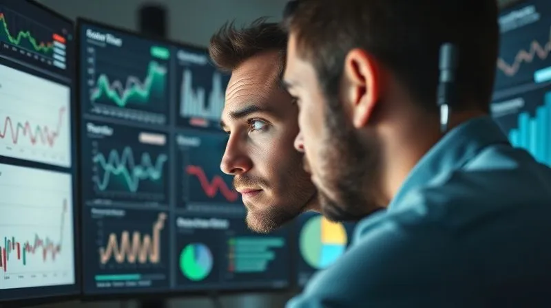 A photorealistic image of a person analyzing complex data on multiple screens, with charts and graphs showing conversion rates and sales funnels. The atmosphere is focused and professional, with soft cinematic lighting on the face, sharp focus on the data, depth of field, 8K hyper-detailed, professional photography.