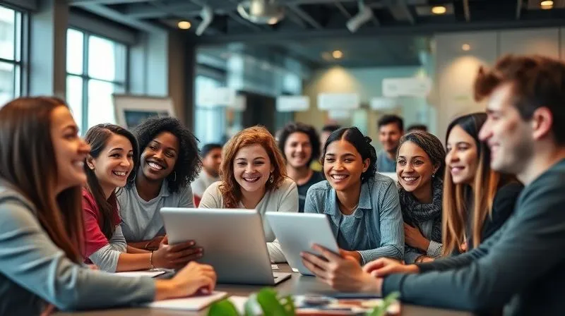 A photorealistic image of a diverse group of online students interacting happily in a virtual community forum, with chat bubbles and smiling faces. The setting is modern and collaborative, with cinematic lighting, sharp focus on the interactions, depth of field, 8K hyper-detailed, professional photography.