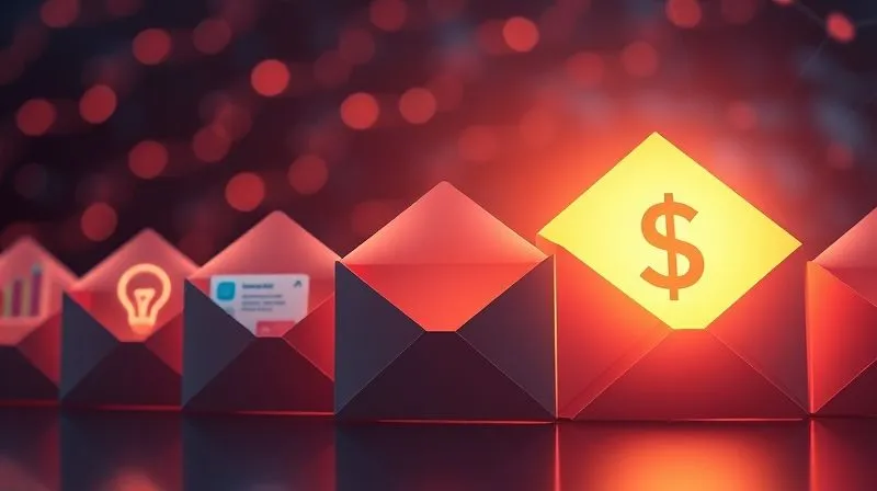 A photorealistic image of a series of open envelopes, each with a different digital icon (a lightbulb for idea, a chart for data, a graduation cap for learning), arranged in a sequence leading to a larger, glowing envelope with a dollar sign. Cinematic lighting, sharp focus on the envelopes, depth of field blurring a soft background of a digital network. 8K hyper-detailed.