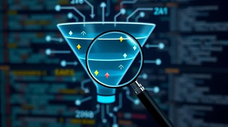 A photorealistic image of a complex digital marketing funnel, with data points and arrows showing flow. One section of the funnel is highlighted with a magnifying glass, indicating an area of optimization and analysis. The background features blurred lines of code and data visualizations. Professional photography, 8K, cinematic lighting, sharp focus on the funnel, depth of field blurring the background, shot on a high-end DSLR.